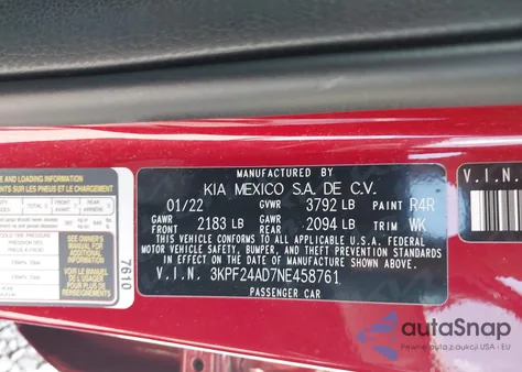 2022 Kia Forte Lxs z USA, uszkodzony, nr VIN 3KPF24AD7NE458761